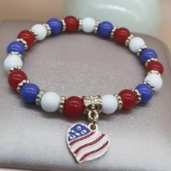2 pc set Patriotic Bracelet and Adjustable Ring Festive Red White & Blue - Picture 2 of 8